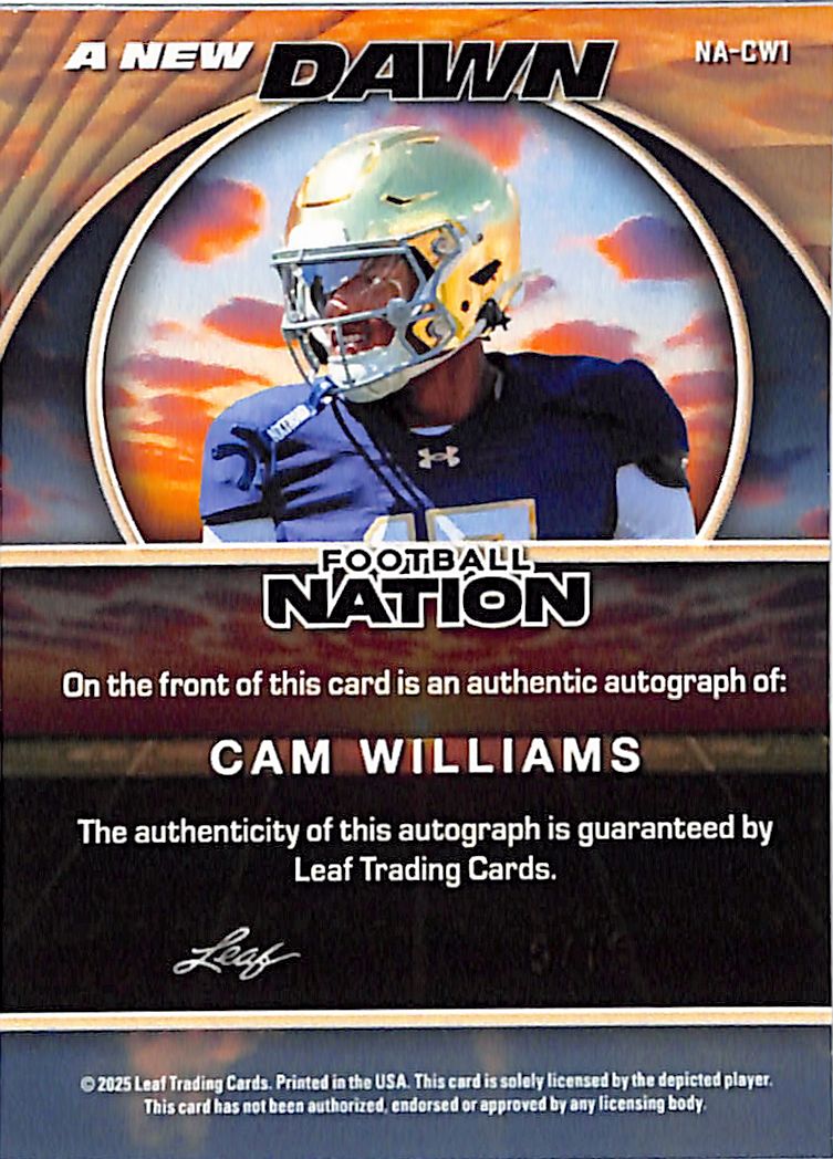 2025 Leaf Football Nation Cam Williams Lava Auto /15 Rookie #NA-CW1 Notre Dame