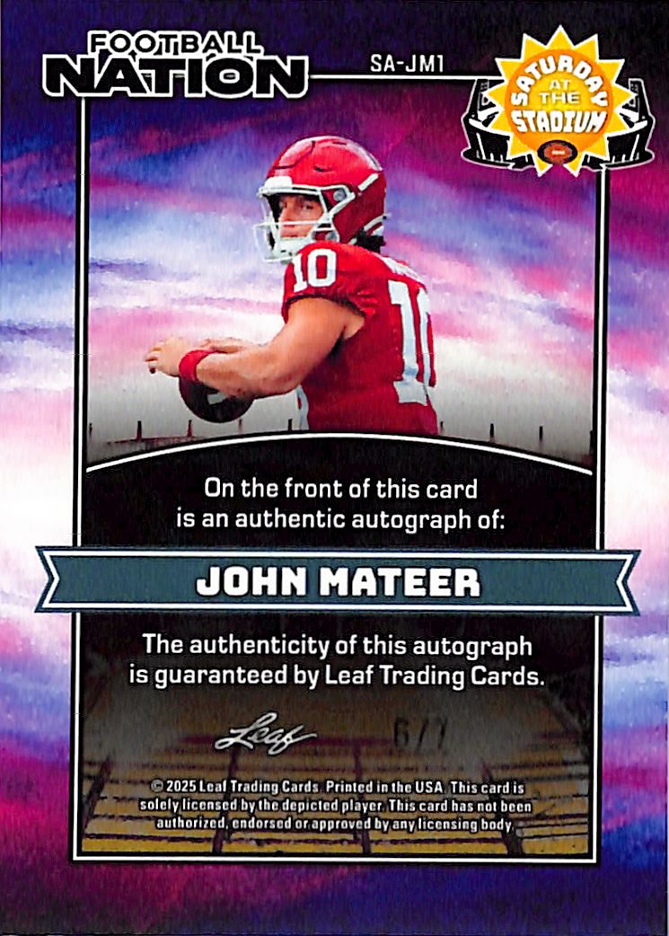2025 Leaf Football Nation John Mateer Blue Auto /7 Rookie #SA-JM1 Oklahoma