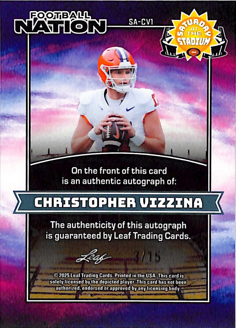 2025 Leaf Football Nation Christopher Vizzina Auto /15 Rookie #SA-CV1 Clemson