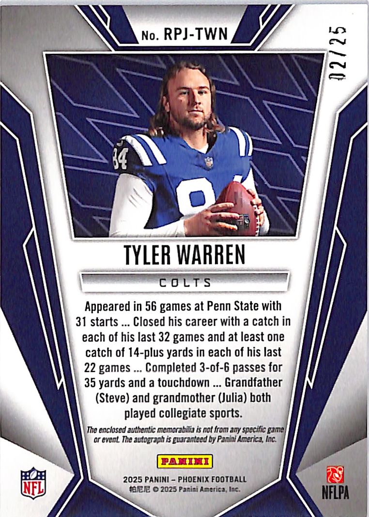 2025 Phoenix Tyler Warren Rookie Phenom Auto Patch /25 #RPJ-TWN Colts
