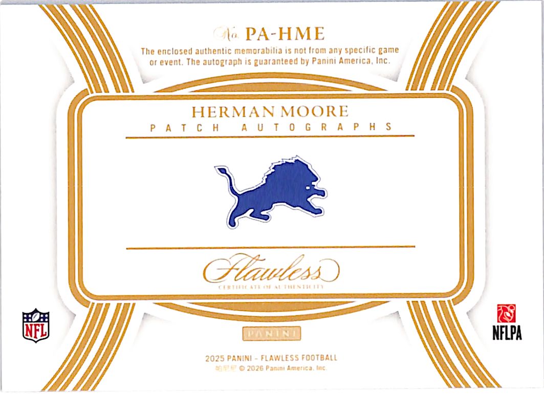 2025 Panini Flawless Football Herman Moore Auto Autograph /20 Patch PA-HME Lions