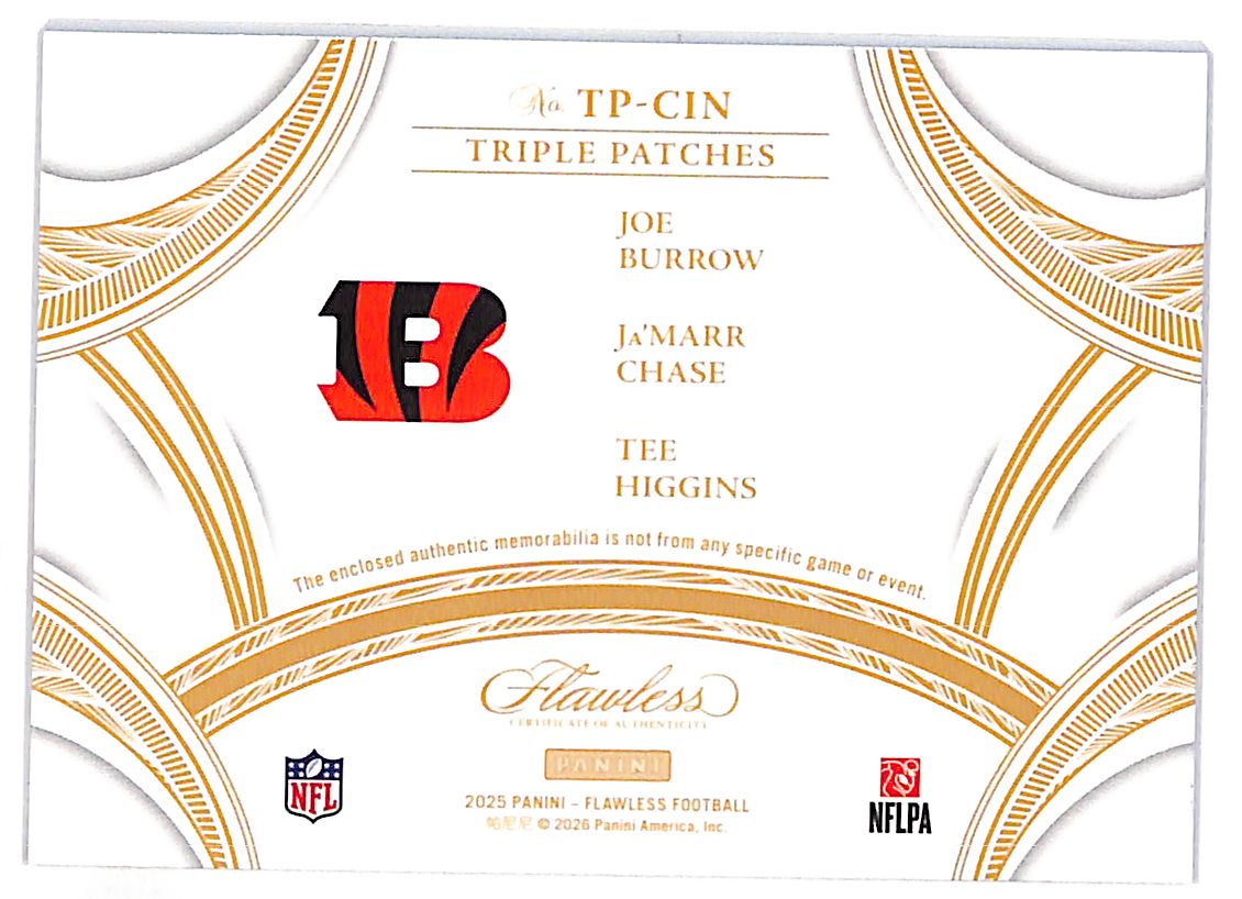 2026 Flawless Football Higgins Joe Burrow Ja'Marr Chase /20 Patches #CIN Bengals