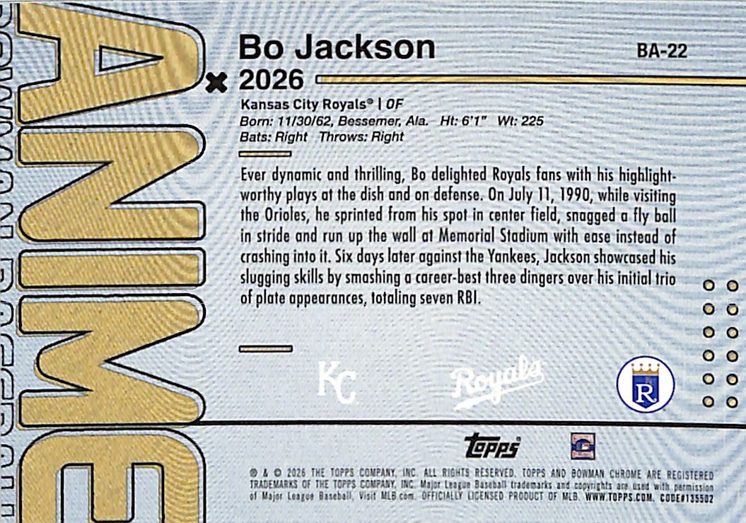 2026 Bowman Anime Bo Jackson Black /10 #BA-22 Kansas City Royals