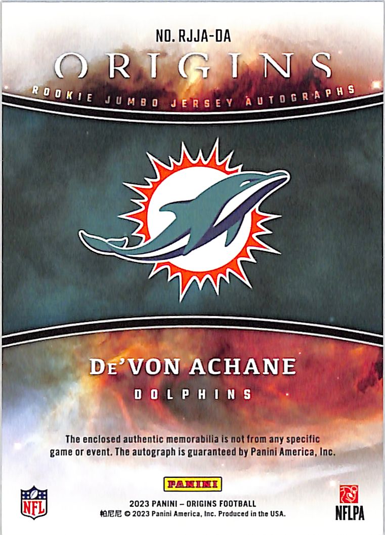 2023 Origins De'Von Achane /75 Rookie Patch Auto Orange #RJJA-DA Dolphins