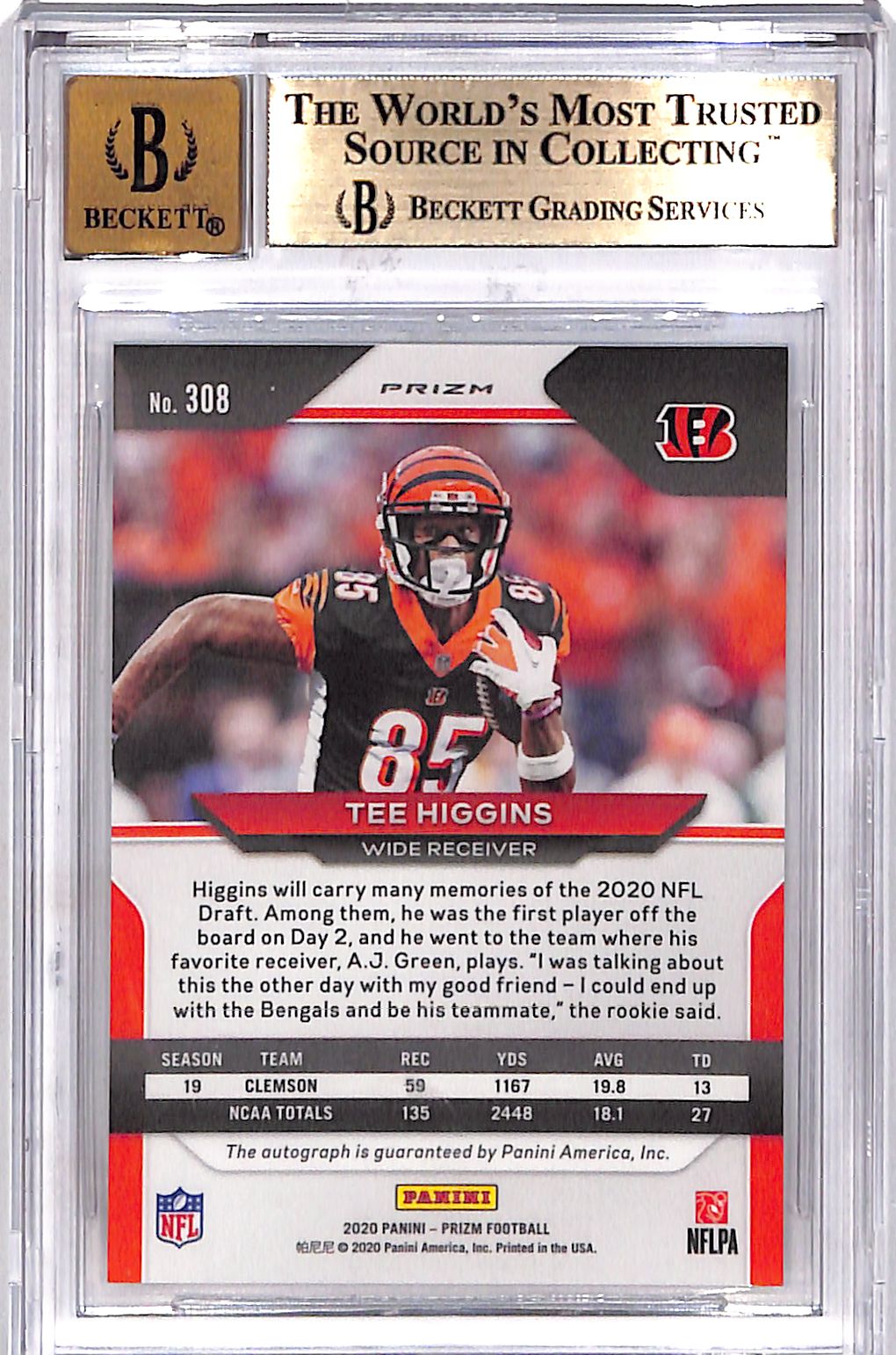 2020 Panini Prizm Tee Higgins Auto Autograph Rookie RC #308 BGS 9.5 Bengals