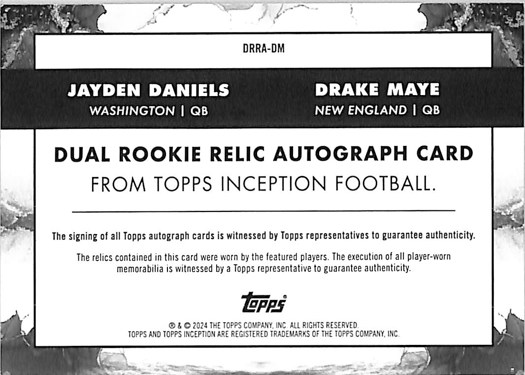 2024 Topps Inception Drake Maye Jayden Daniels /10 Rookie Dual Autograph Patch