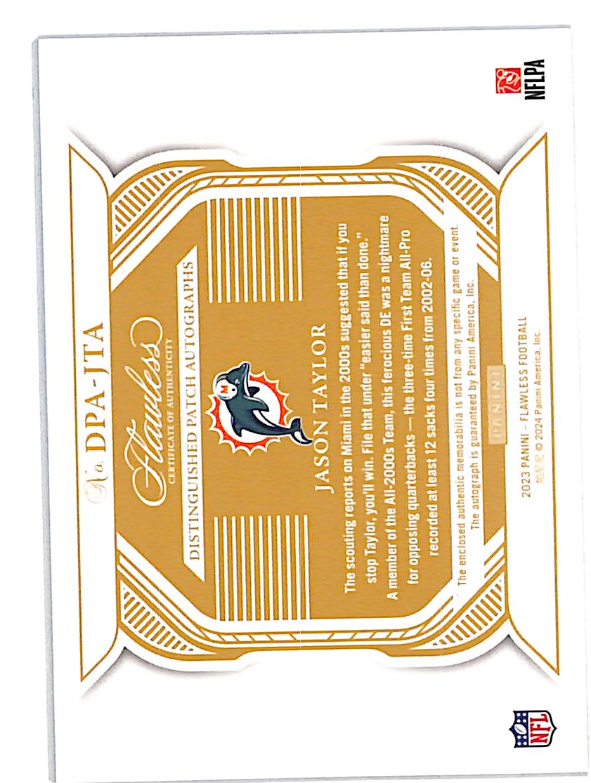 2023 Panini Flawless Jason Taylor /20 Patch Auto Autograph #DPA-JTA Dolphins