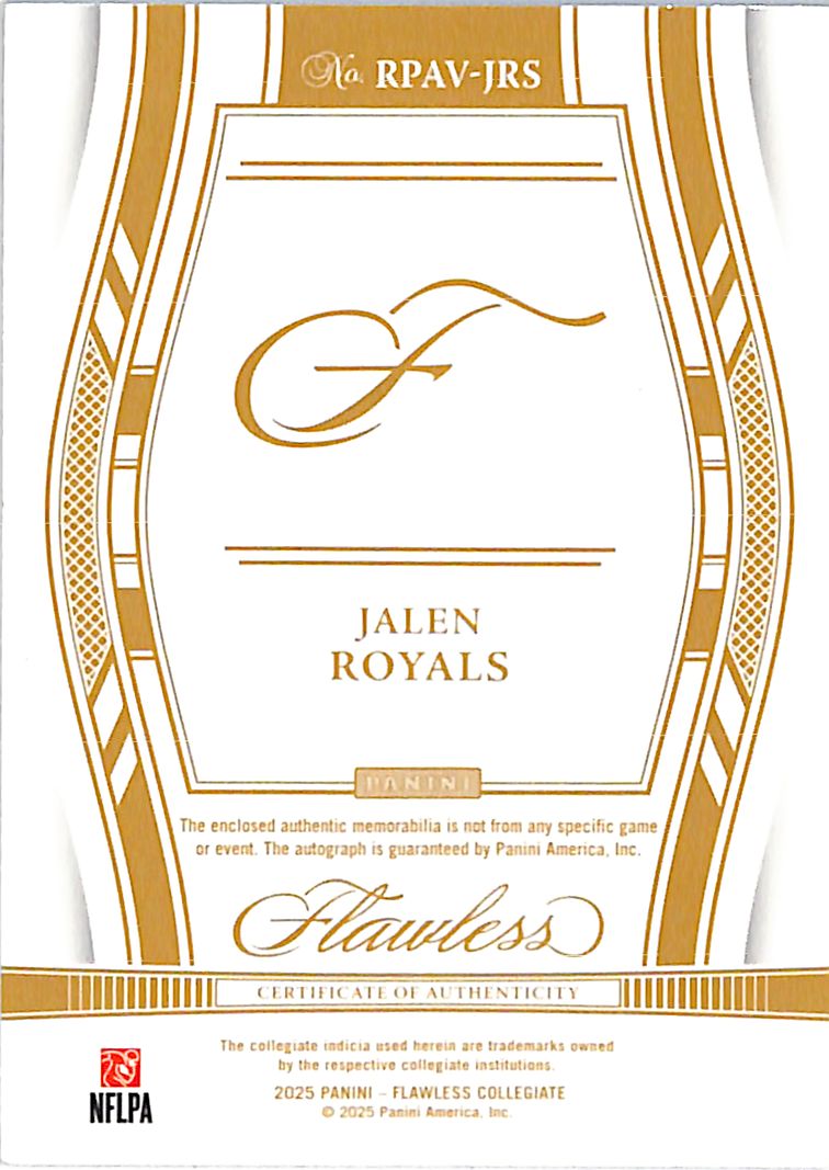 2025 Flawless Collegiate Jalen Royals /20 Patch Auto RC #RPAV-JRS Utah State