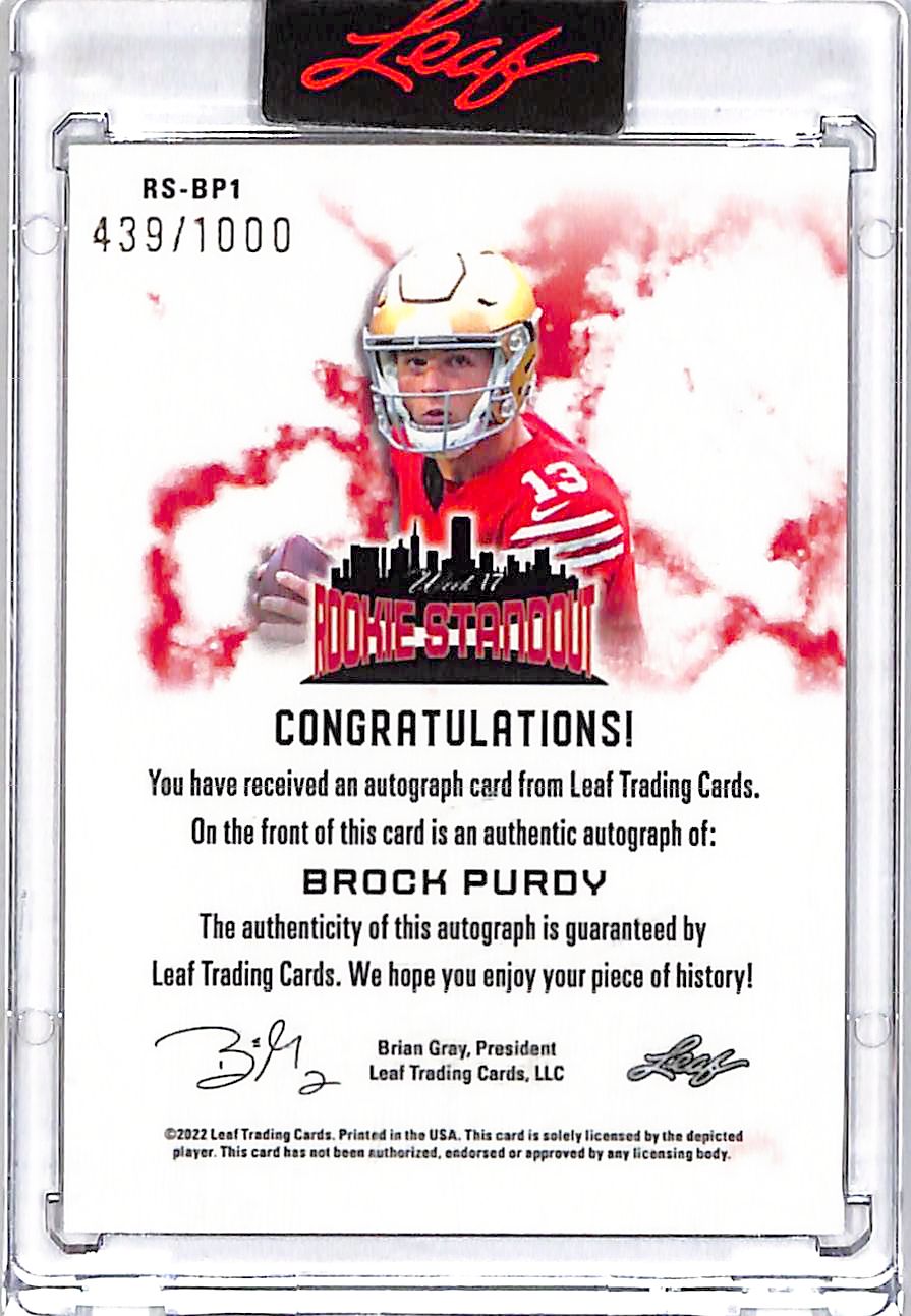 2022 Leaf Rookie Standout Brock Purdy Auto Autograph /1000 #RS-BP1 49ers