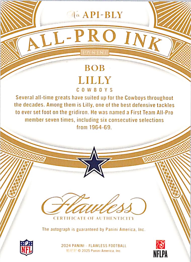2024 Panini Flawless All-Pro Ink Bob Lilly Auto Autograph /25 #API-BLY Cowboys
