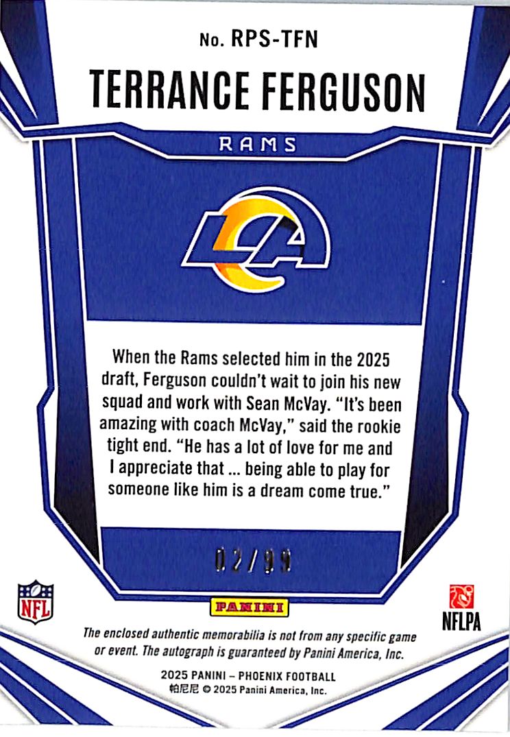 2025 Panini Phoenix Football Terrance Ferguson /99 Patch RC Auto #RPS-TFN Rams
