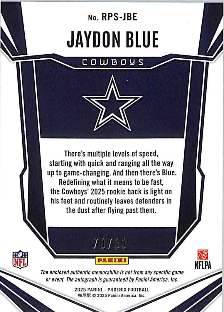 2025 Panini Phoenix Jaydon Blue /99 Rookie Auto Patch RC #RPS-JBE Cowboys