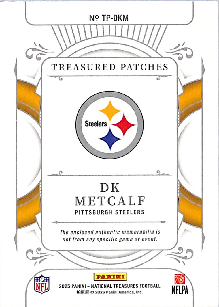 2025 Panini National Treasures DK Metcalf /49 Patch Memorabilia #TP-DKM Steelers
