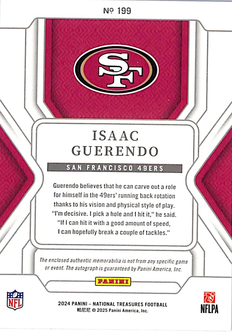 2024 Panini National Treasures Isaac Guerendo /49 Rookie Patch Auto #199 49ers