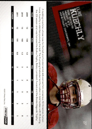 2012 Press Pass Luke Kuechly Rookie #27 Boston College Eagles