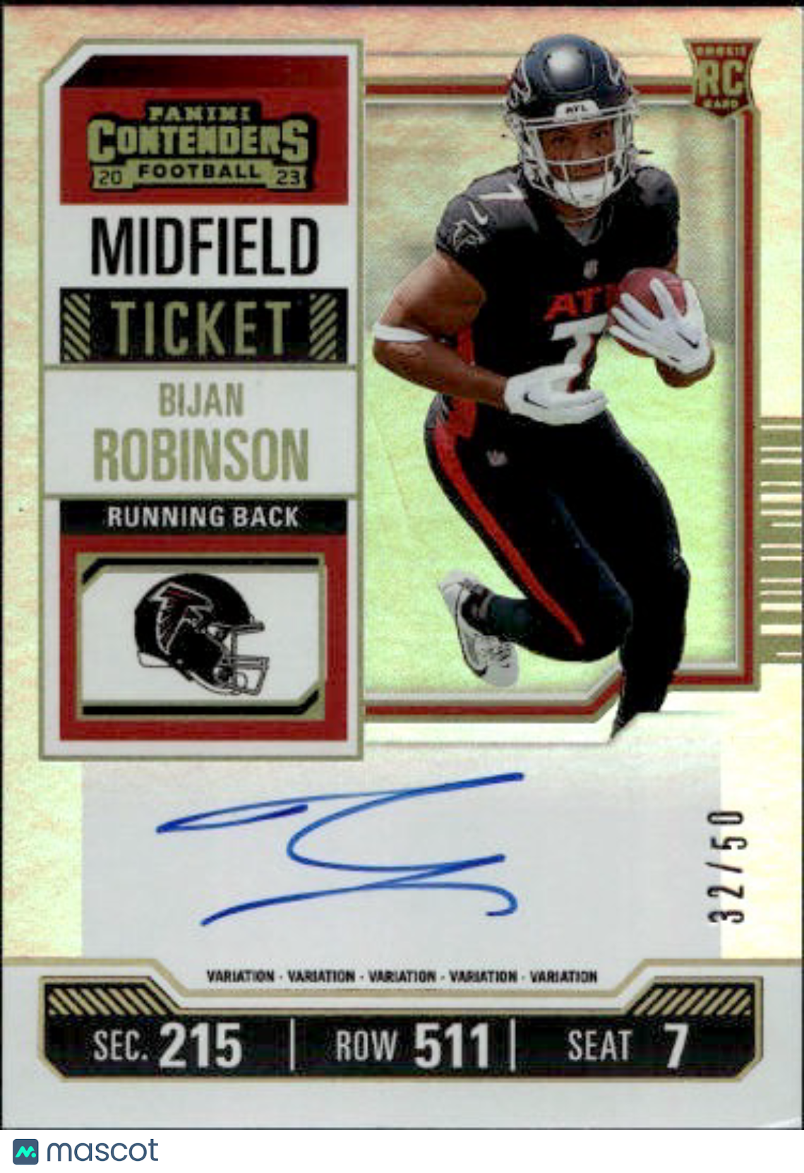 2023 Contenders Football Bijan Robinson Midfield Auto /50 Rookie  #103 Falcons