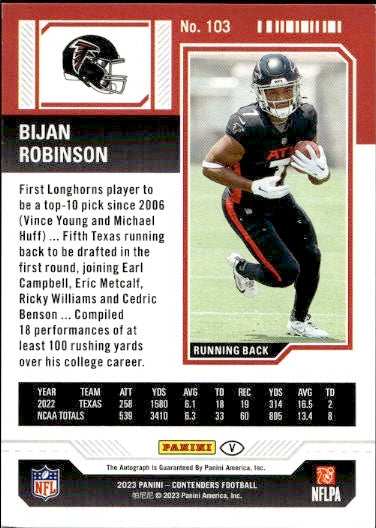 2023 Contenders Football Bijan Robinson Midfield Auto /50 Rookie  #103 Falcons