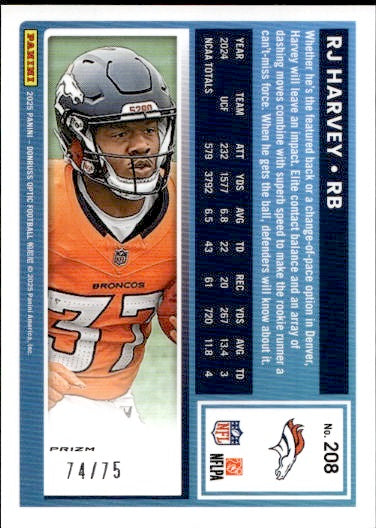 2025 Panini Donruss Optic RJ Harvey Electricity /75 Rookie #208 Denver Broncos
