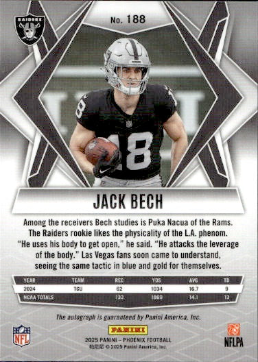 2025 Panini Phoenix Jack Bech Autograph lava Rookie RC #188 Las Vegas Raiders