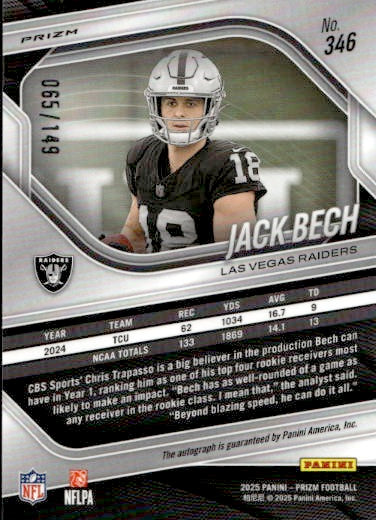 2025 Panini Prizm Jack Bech Red Wave Autograph /149 Rookie RC #346 Raiders