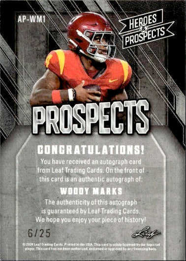 2024 Leaf Heroes & Prospects Woody Marks Autograph Rookie /25 #AP-WM1 USC