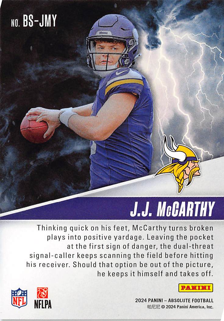 2024 Panini Absolute By Storm J.J. McCarthy Rookie RC #BS-JMY Minnesota Vikings