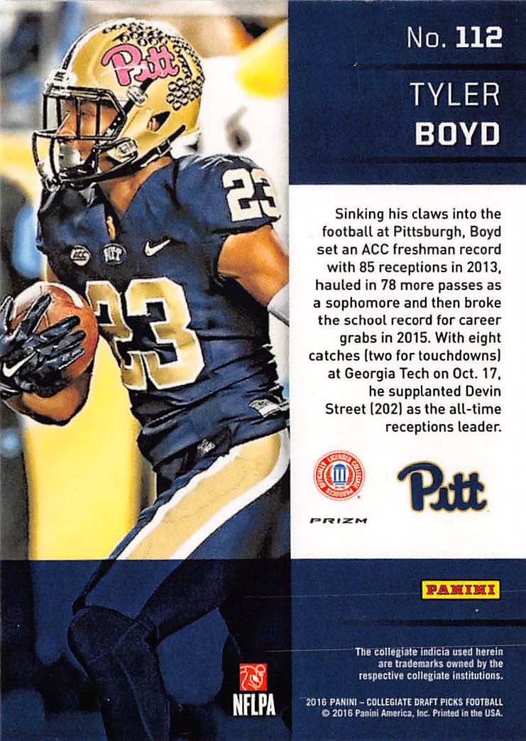 2016 Panini Prizm Collegiate Draft Picks Tyler Boyd Silver Rookie RC #112 Pittsburgh Panthers