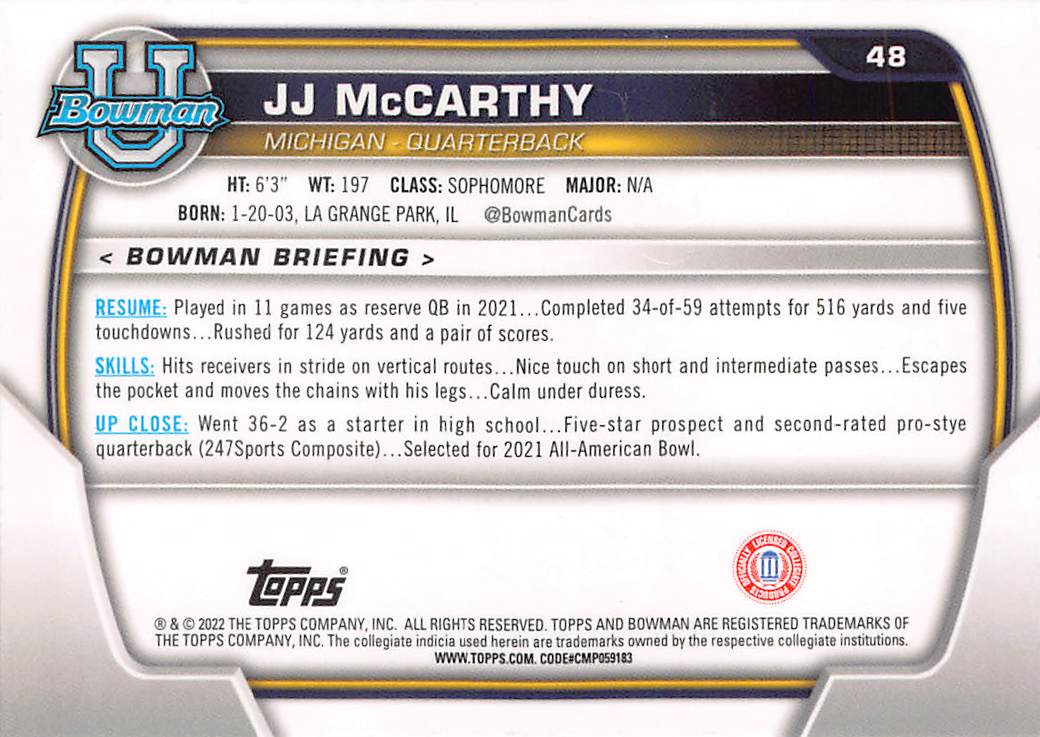 2022 Bowman University J.J. McCarthy Rookie #48 Michigan Wolverines