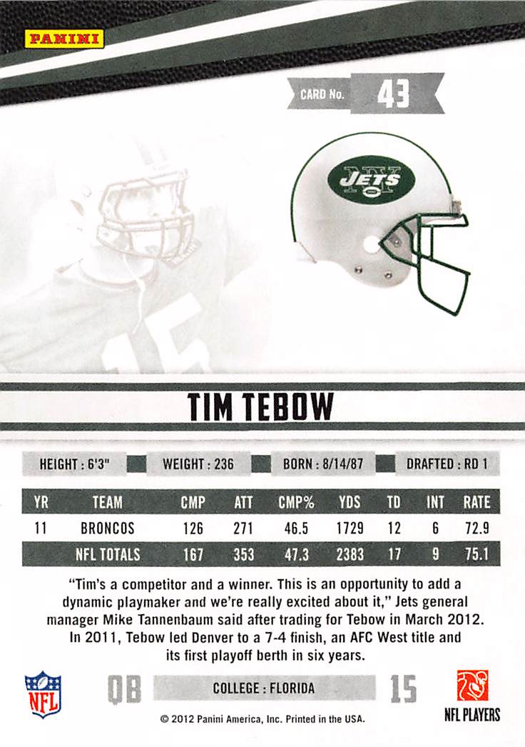2012 Panini Rookies & Stars Tim Tebow #43 New York Jets