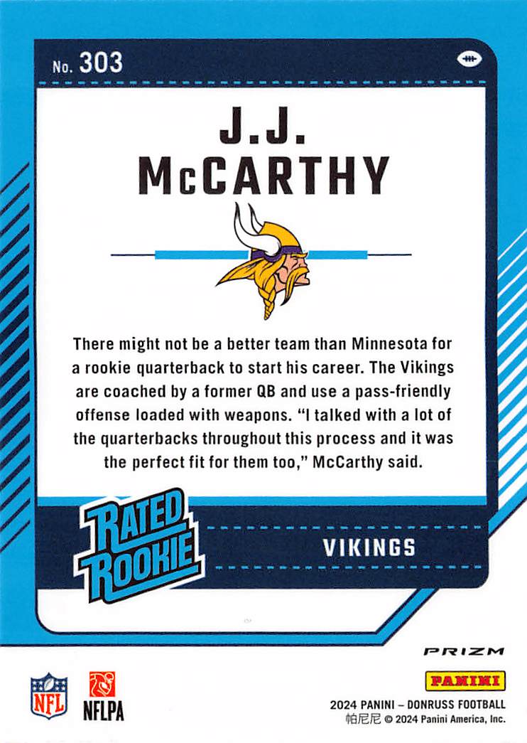 2024 Panini Donruss Optic J.J. McCarthy Green Red Rookie #303 Minnesota Vikings