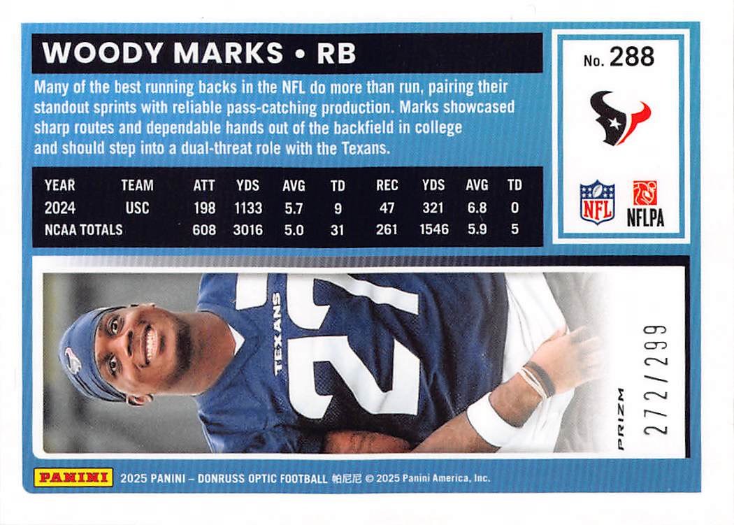 2025 Panini Donruss Optic Woody Marks Orange /299 Rookie #288 Houston Texans
