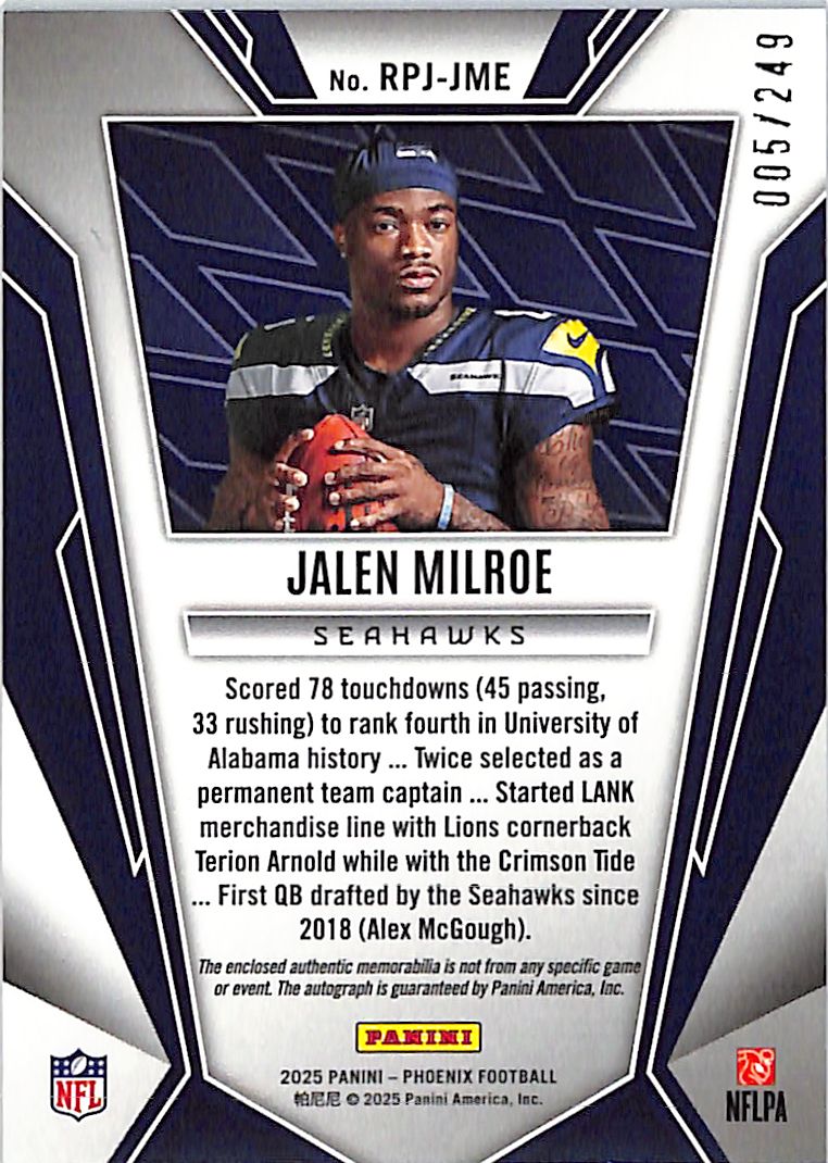 2025 Panini Phoenix Jalen Milroe /249 Rookie Patch RC Autograph RPJ-JME Seahawks