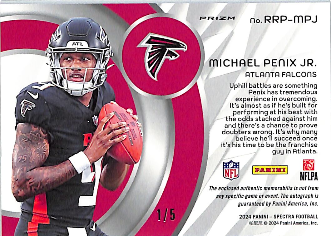 2024 Spectra Michael Penix Jr. /5 Rookie Patch RC Autograph #RRP-MPJ Falcons