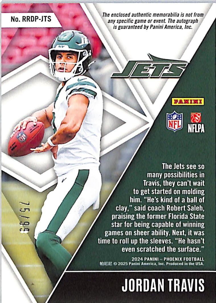 2024 Phoenix Jordan Travis Rookie Patch Autograph Red /99 RC #RRDP-JTS Jets