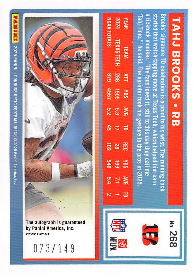 2025 Panini Donruss Optic Tahj Brooks Blue Autograph /149 Rookie #268 Bengals