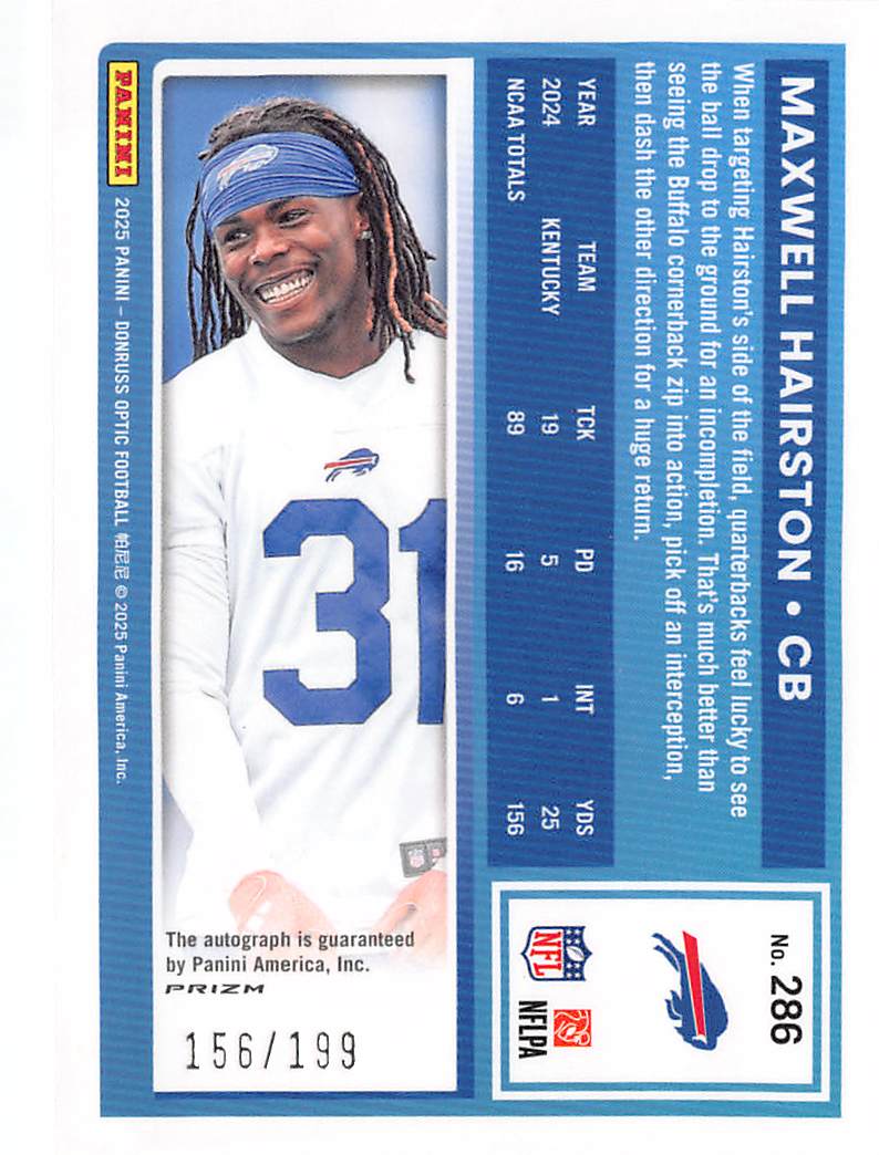 2025 Panini Donruss Optic Maxwell Hairston Autograph Holo /199 Rookie #286 Bills