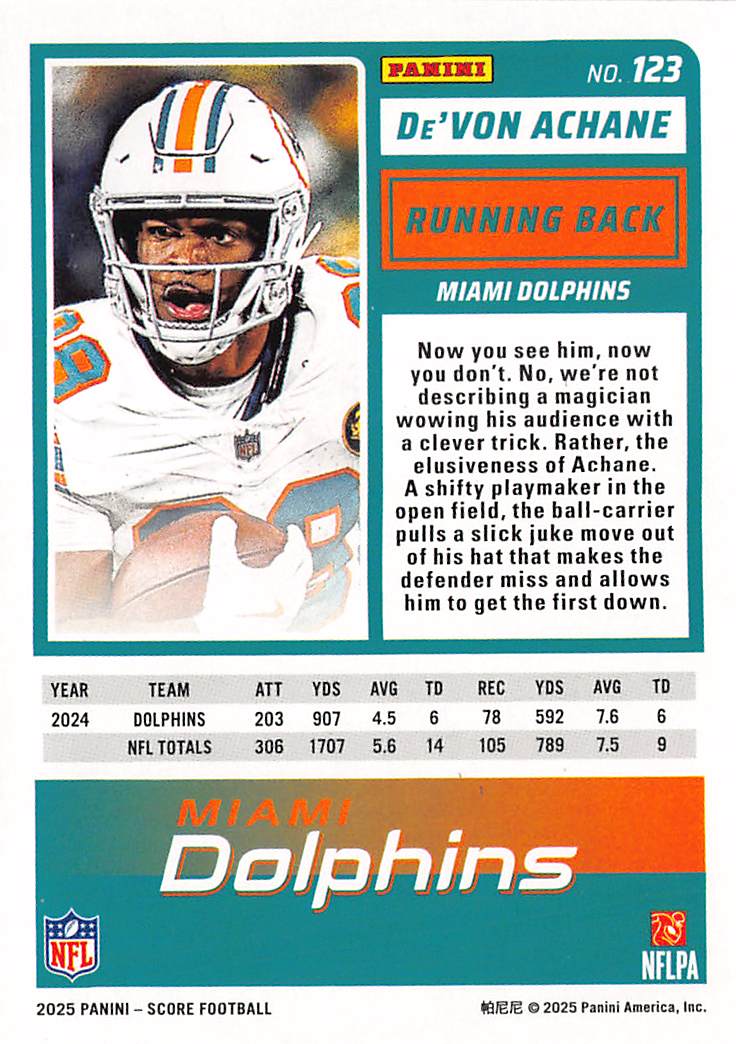 2025 Panini Score De'Von Achane Red Zone /20 #123 Miami Dolphins