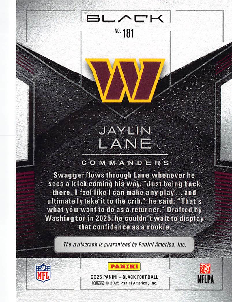 2025 Panini Black Jaylin Lane Autograph Rookie /15 RC #181 Washington Commanders