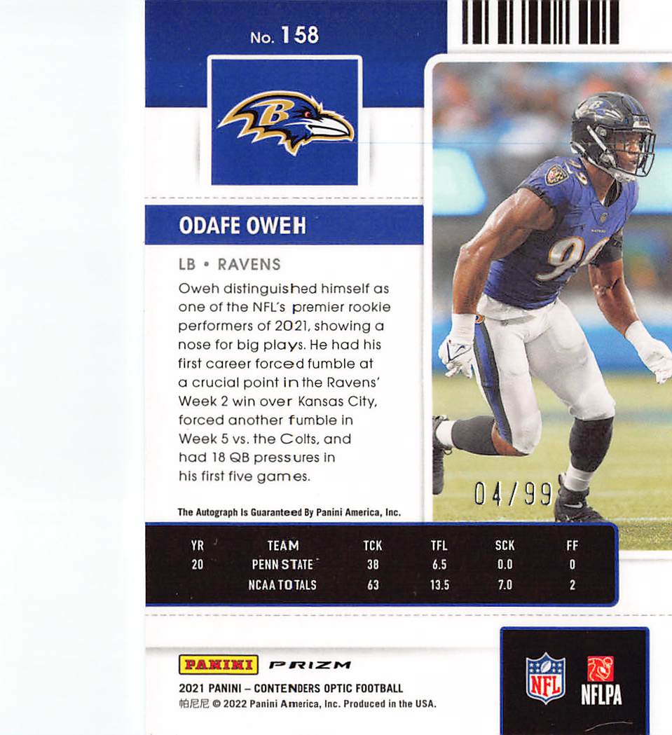 2022 Panini Contenders Optic Odafe Oweh Blue Autograph /99 Rookie RC #158 Ravens