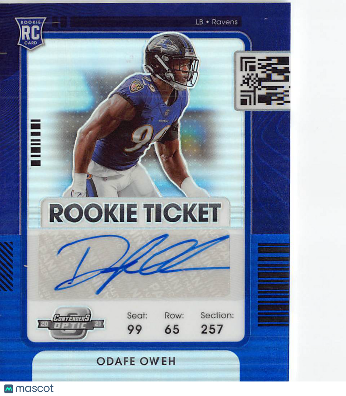 2022 Panini Contenders Optic Odafe Oweh Blue Autograph /99 Rookie RC #158 Ravens