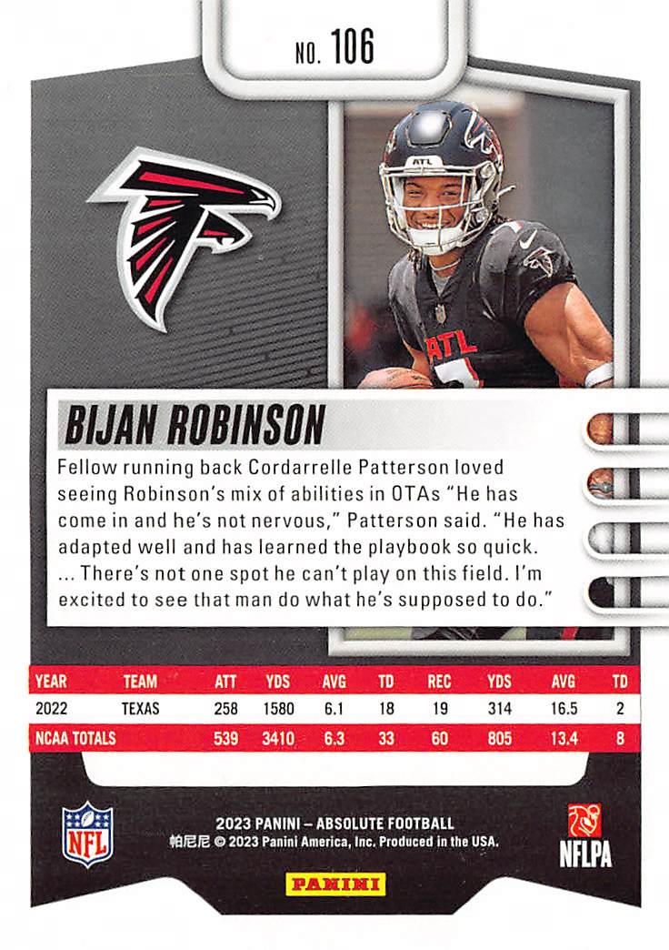 2023 Panini Absolute Football Bijan Robinson Rookie RC #106 Atlanta Falcons