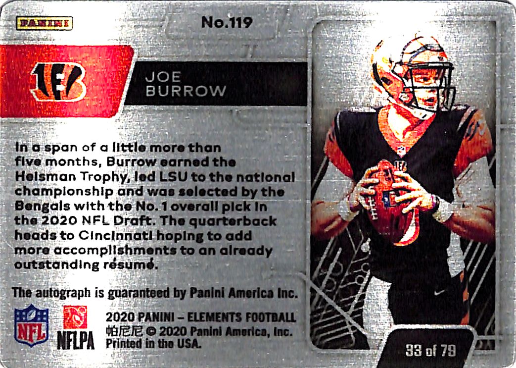 2020 Panini Elements Joe Burrow Gold Autograph Rookie /79 RC #119 Bengals