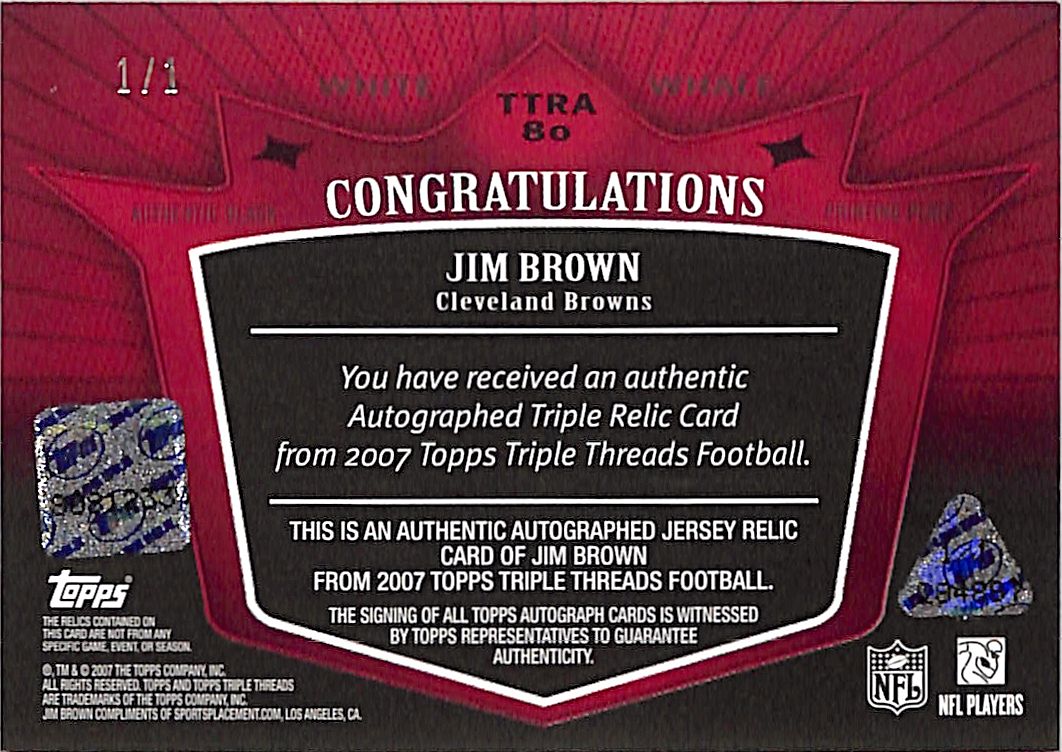 2007 Topps Triple Threads Jim Brown White Whale 1/1 Auto Patch #TTRA-80 Browns
