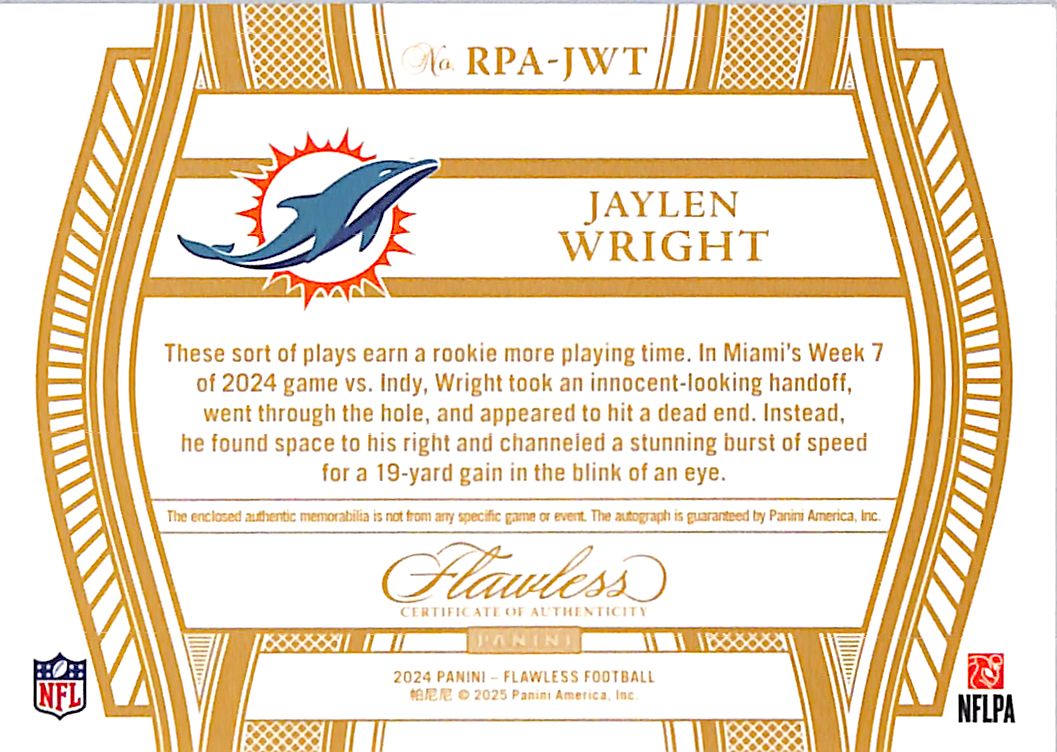 2024 Panini Flawless Football Autograph Rookie /25 Patch #RPA-JWT Miami Dolphins