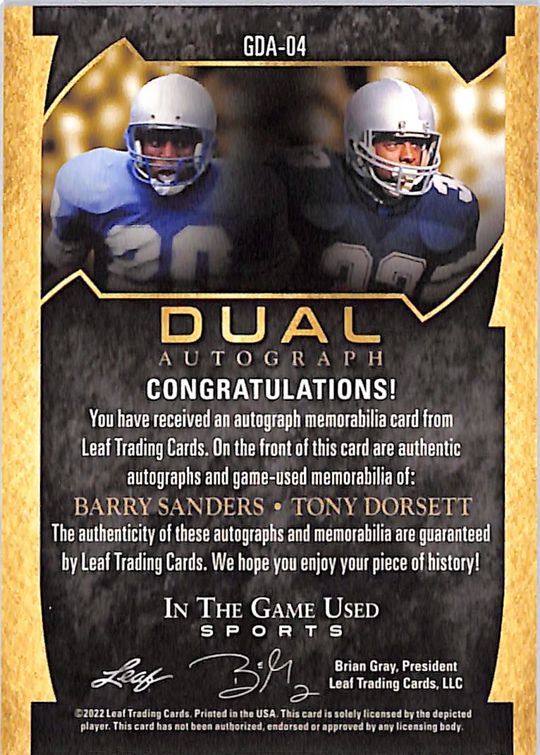 2022 Leaf In The Game Tony Dorsett Barry Sanders /15 Dual Autograph Patch GDA-04