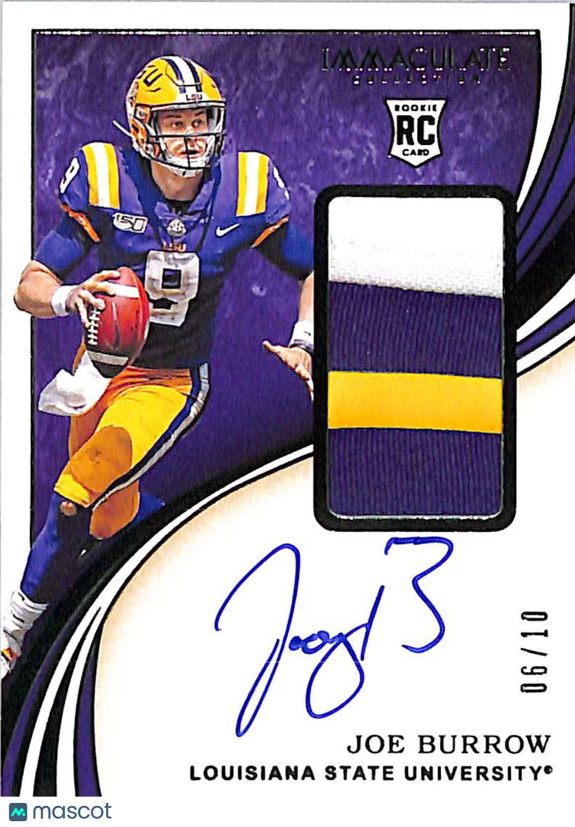 2020 Immaculate Collection Collegiate Joe Burrow Auto /10 Rookie Patch #102 LSU