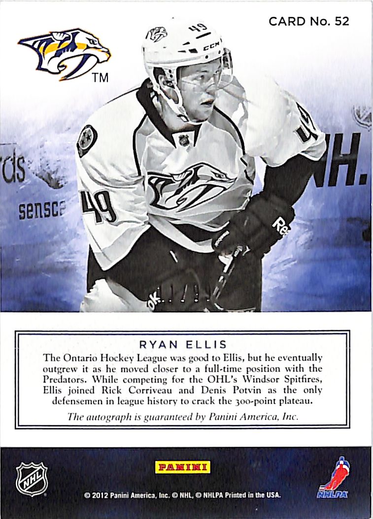 2012 Panini Prime Signatures Ryan Ellis /99 Auto Autograph #52 Predators