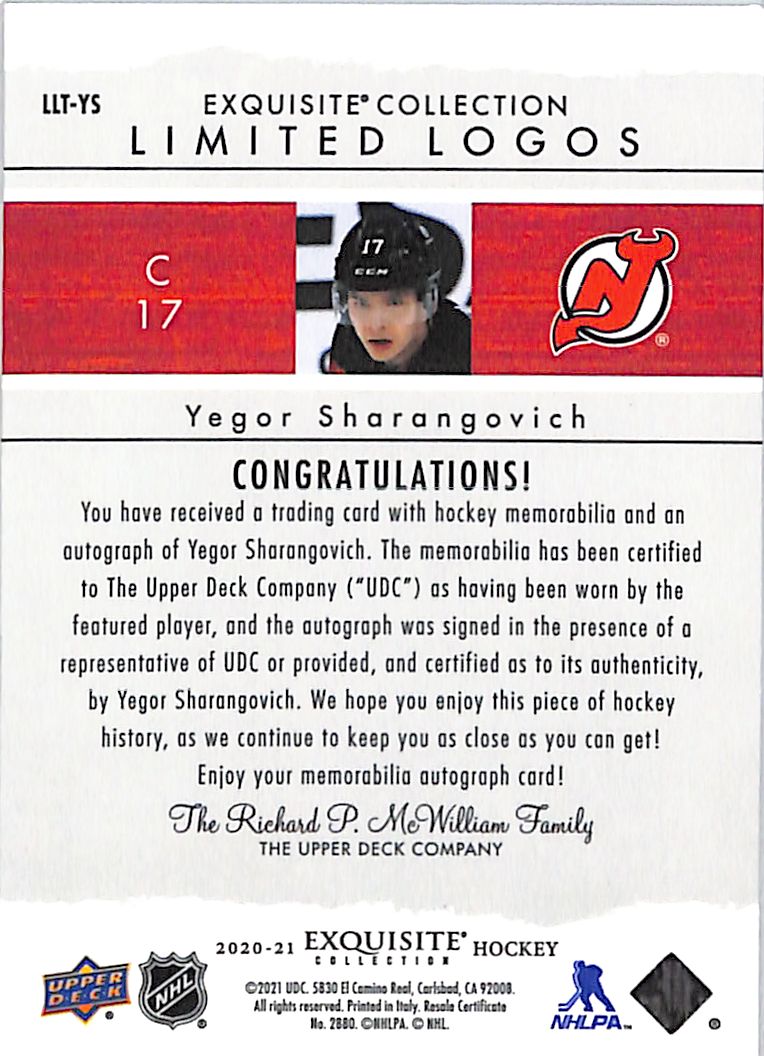 2020-21 Exquisite Collection Limited Logos Yegor Sharangovich /50 Auto #LLT-YS