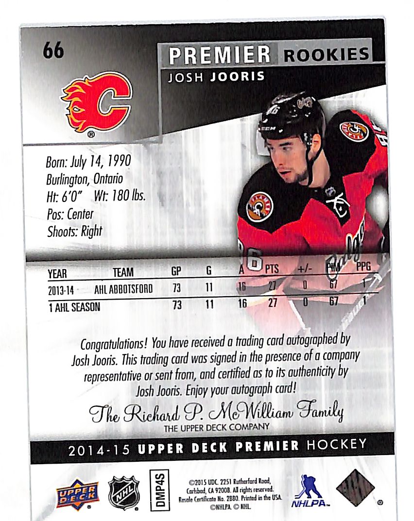 2014-15 Upper Deck Premier Josh Jooris Rookie Patch Autograph /49 #66 Flames