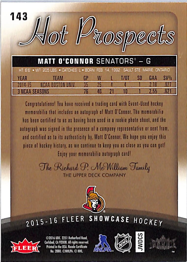 2015-16 Fleer Showcase Hot Prospects Matt O'Connor /499 Rookie Auto Patch #143
